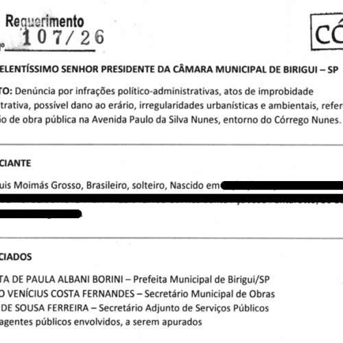 Denúncia em Birigui pede Comissão Processante contra prefeita e secretários