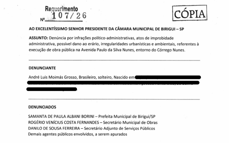 Denúncia em Birigui pede Comissão Processante contra prefeita e secretários